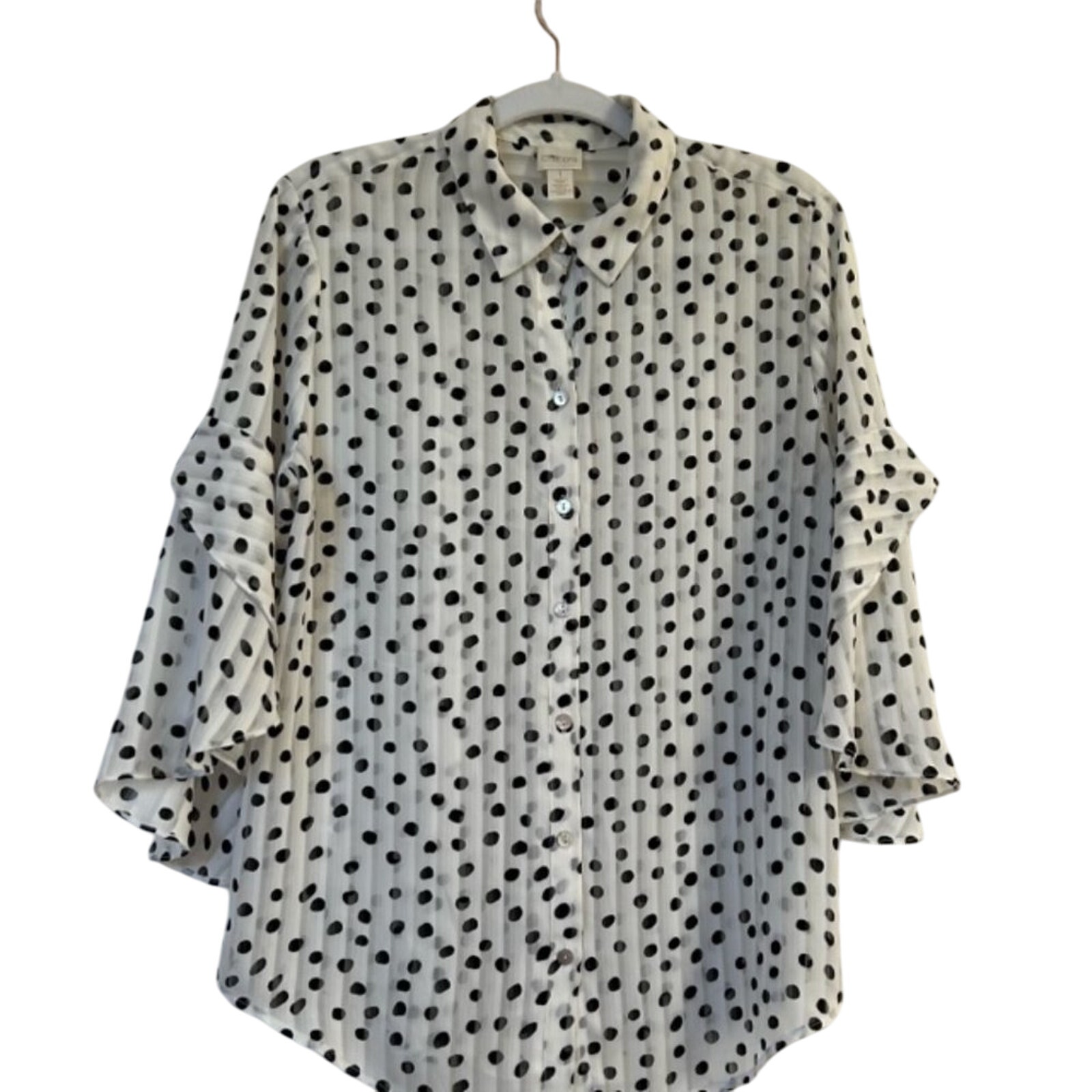 Chico's Top Women's Sheer Black & White Polka Dot Button Up Size 1 (M/8)